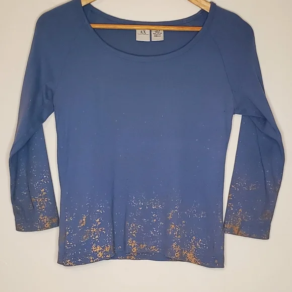 Gold Splash Periwinkle Blue 3/4 Sleeve Armani Exchange Shirt with Paint Accents - Picture 13 of 13